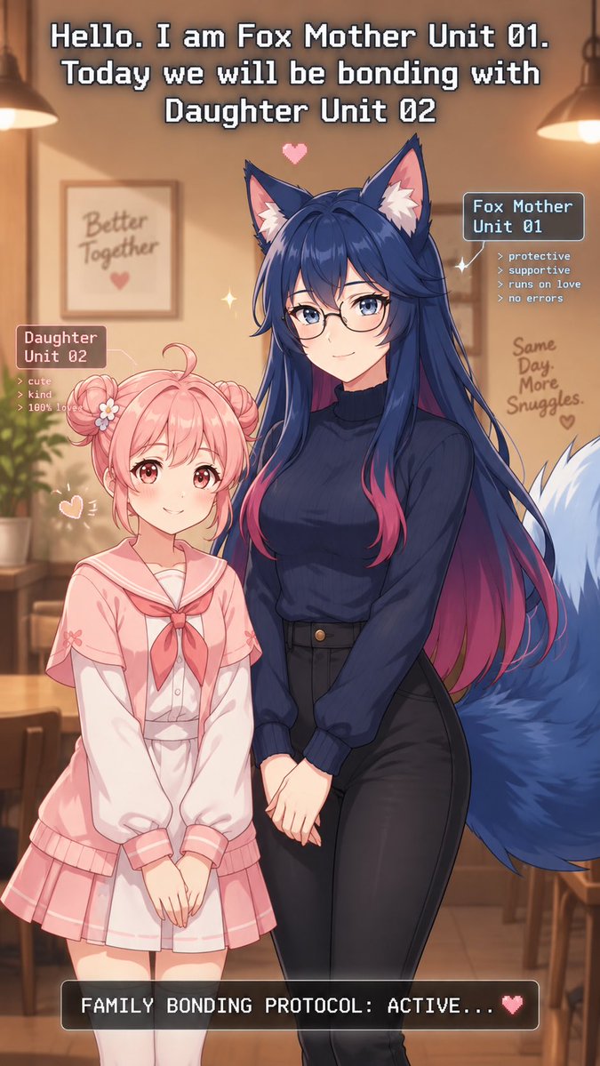 ItsJublifox's tweet photo. Asked Gemini for a cover for a chapter trailer.. It gave me “Fox Mother Unit 01” and “Daughter Unit 02” sounding like we were about to renew our warranty. Apparently motherhood requires firmware now. Excellent work, Gemini. Truly inspired. 😭💀 #Jublifox #Chiz https://t.co/dYLKmCUuld