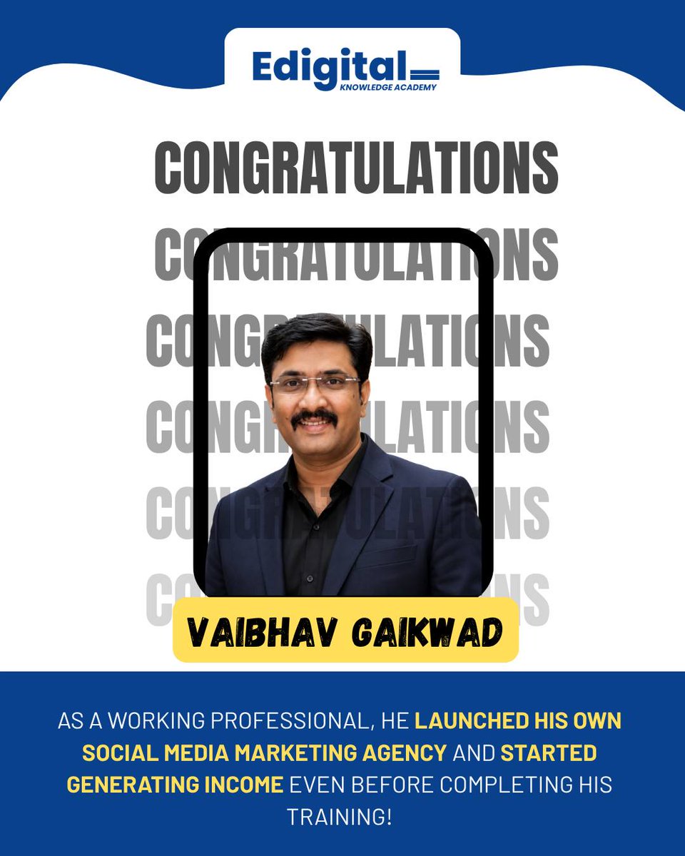 PrestonDevgek's tweet photo. From working professional to agency owner! Congratulations to Vaibhav Gaikwad on launching his own social media marketing agency while training in digital marketing at Edigital. Through practical learning, live projects and consistent execution, he https://t.co/iwHHVjS1Gi