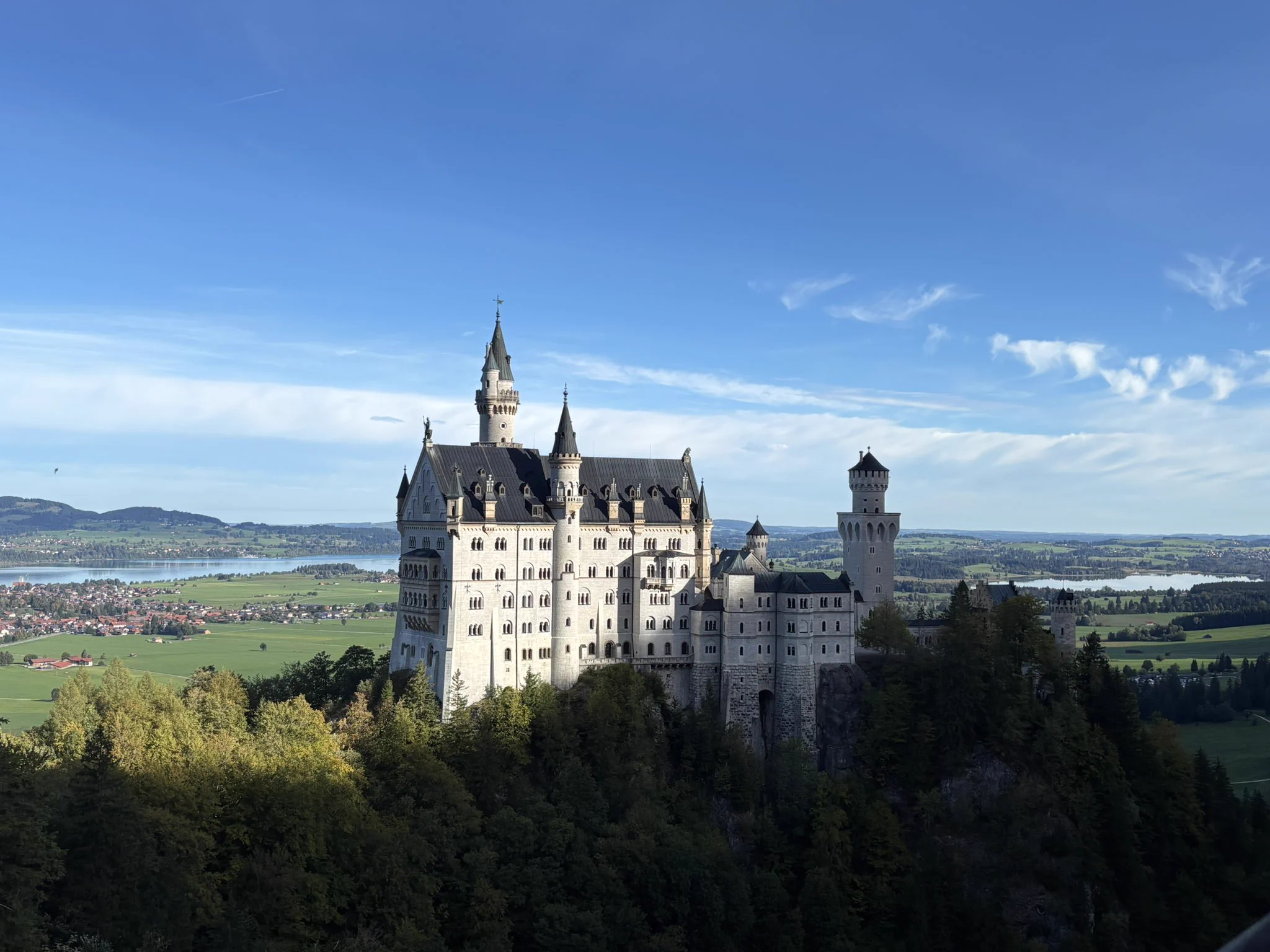 Neuschwanstein Castle perched on a hill above forests, overlooking green fields and lakes.