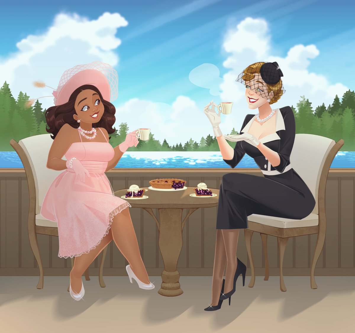 Foustdoodles98's tweet photo. Good afternoon!! Today we’re scheduled to bring you another fabulous commission by @chibicmps.bsky.social
Today Chibi and I are enjoying a cup of tea with a slice of blueberry pie, top with some delicious vanilla ice cream. Sit a spell won’t you?
#vintagefashion #teaparty https://t.co/n5SwztehK4