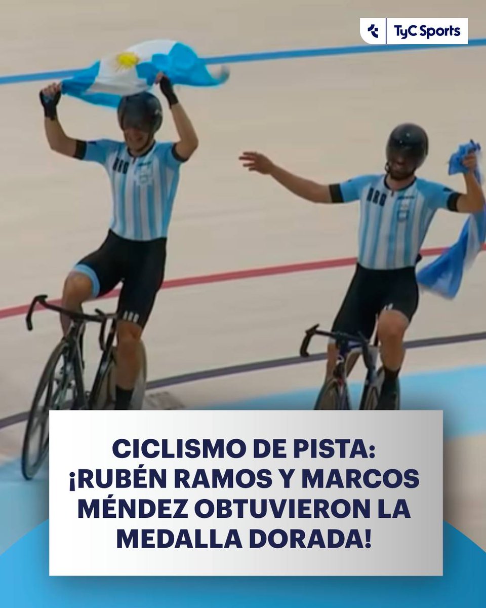 TyCSports's tweet photo. ¡MEDALLA DORADA PARA ARGENTINA DE LA MANO DEL CICLISMO! 🇦🇷

Rubén Ramos y Marcos Méndez se subirán a lo más alto del podio en los Juegos Suramericanos tras finalizar primeros en la prueba madison. ¡FELCITACIONES! 🥇👏🏻 https://t.co/BvXLOdCivR