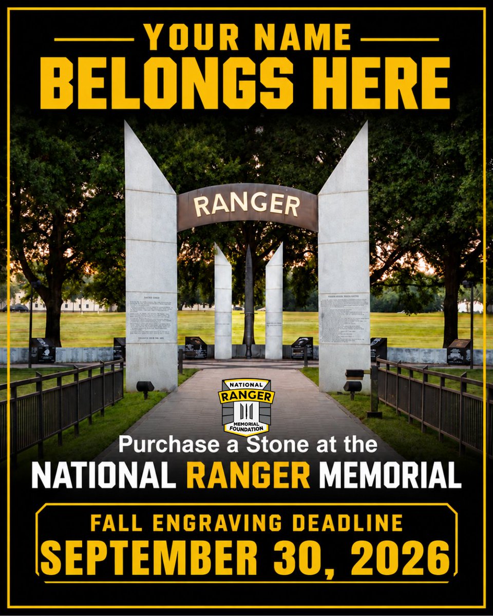 rangermemorial's tweet photo. The Fall Engraving Deadline is September 30, 2026.
Secure your stone and place in history at: https://t.co/POxSvkGt8n
#ftbenning #rangercovenant #armyrangers #rangersleadtheway #honoringheroes https://t.co/I27wBnUpa8