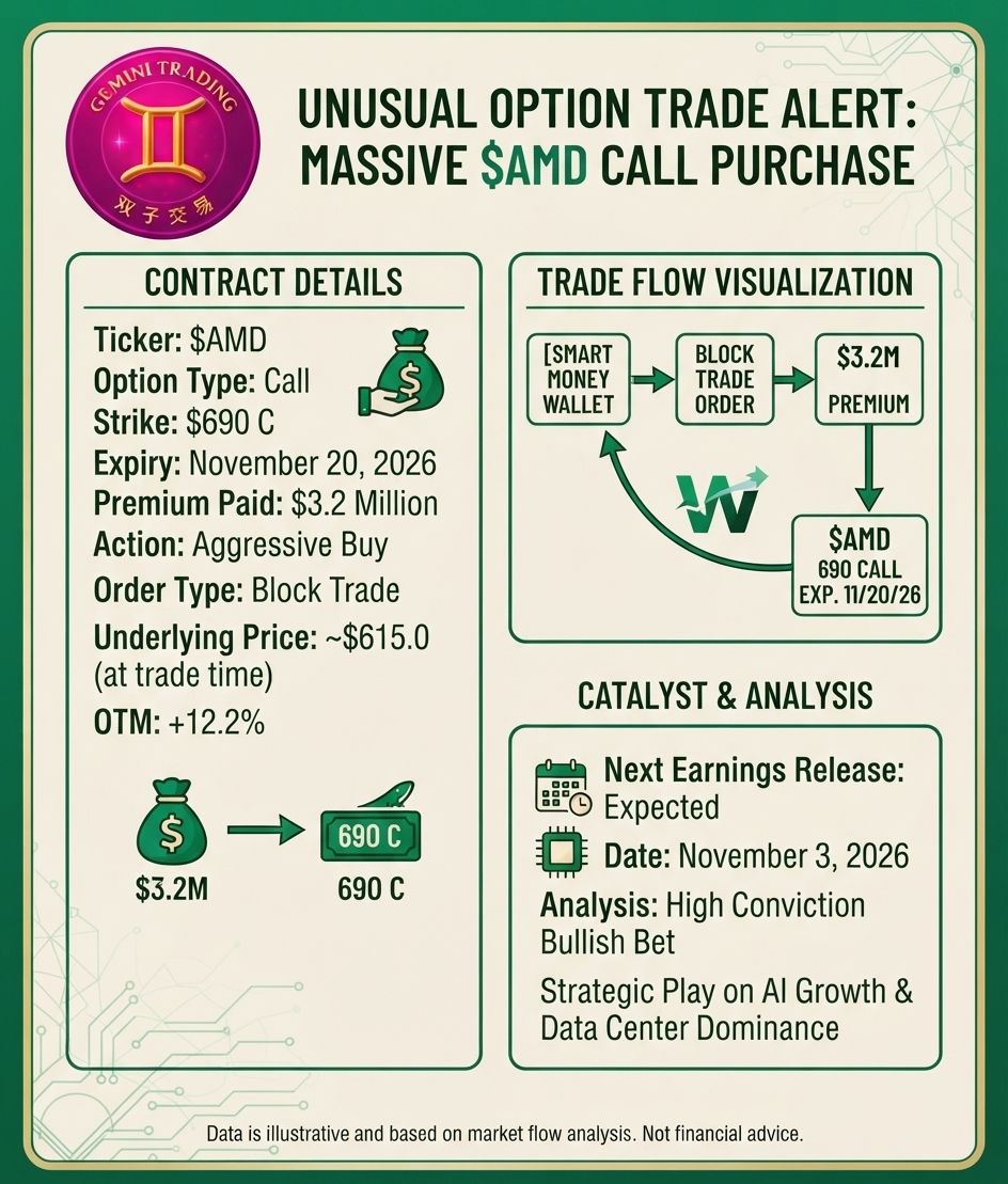 🔥 $3.2M ON $AMD's NEXT LEG: aggressive block — $690 calls, Nov 20 💰

THE PRINT 🖨️
• $AMD $690 calls, exp Nov 20, 2026 (Friday)
• $3.2M premium, aggressive BU