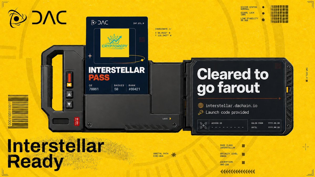 CryptoRepy's tweet photo. Interstellar Pass is READY!  My gateway to the @dac_chain ecosystem is active and my rank is locked in.
The Quantum Chain future is approaching, but the immediate launch sequence is confirmed: The $DACT Public Sale on ChainGPT Pad! 🔥 https://t.co/DGMskNy5uf