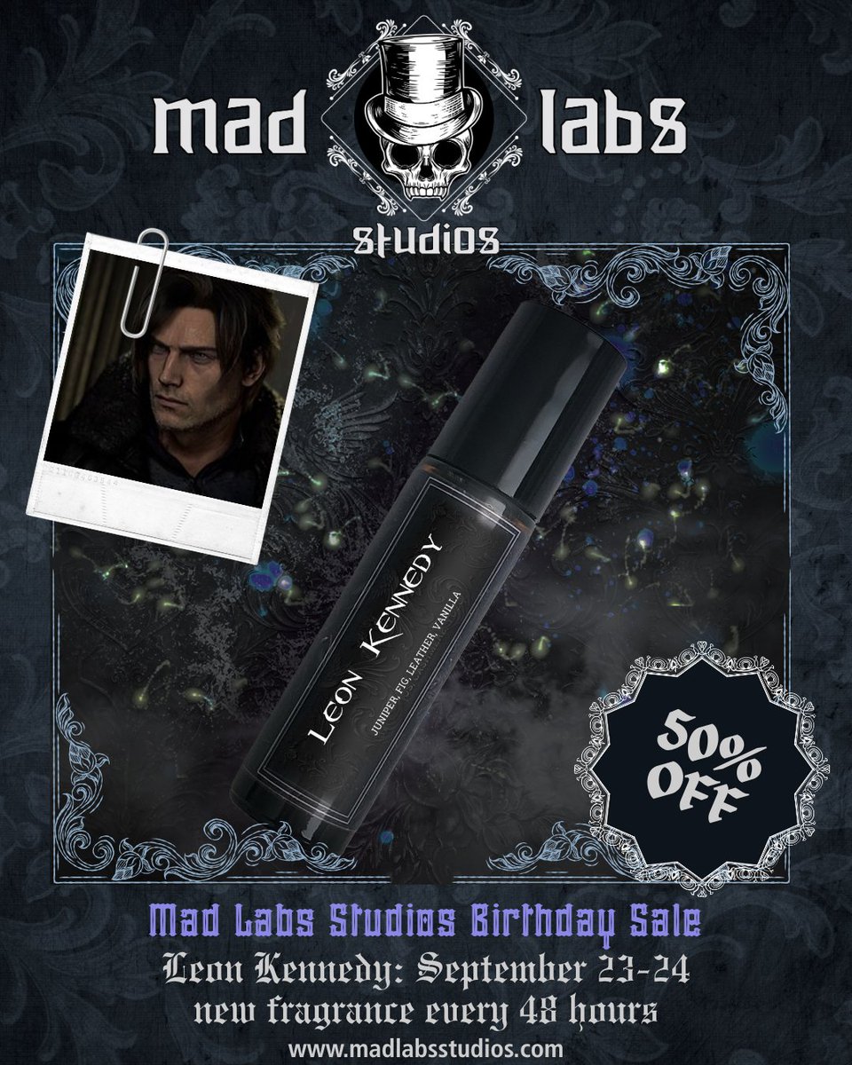 mad_labs_studio's tweet photo. LEON KENNEDY
50% off SEPTEMBER 23 and 24

Leon Kennedy is one of those characters who feels tied to a much bigger part of our history. Resident Evil has been something the Alchemist and Archivist have loved for nearly three decades, so getting to make fragrances for these https://t.co/P2haUa23gD
