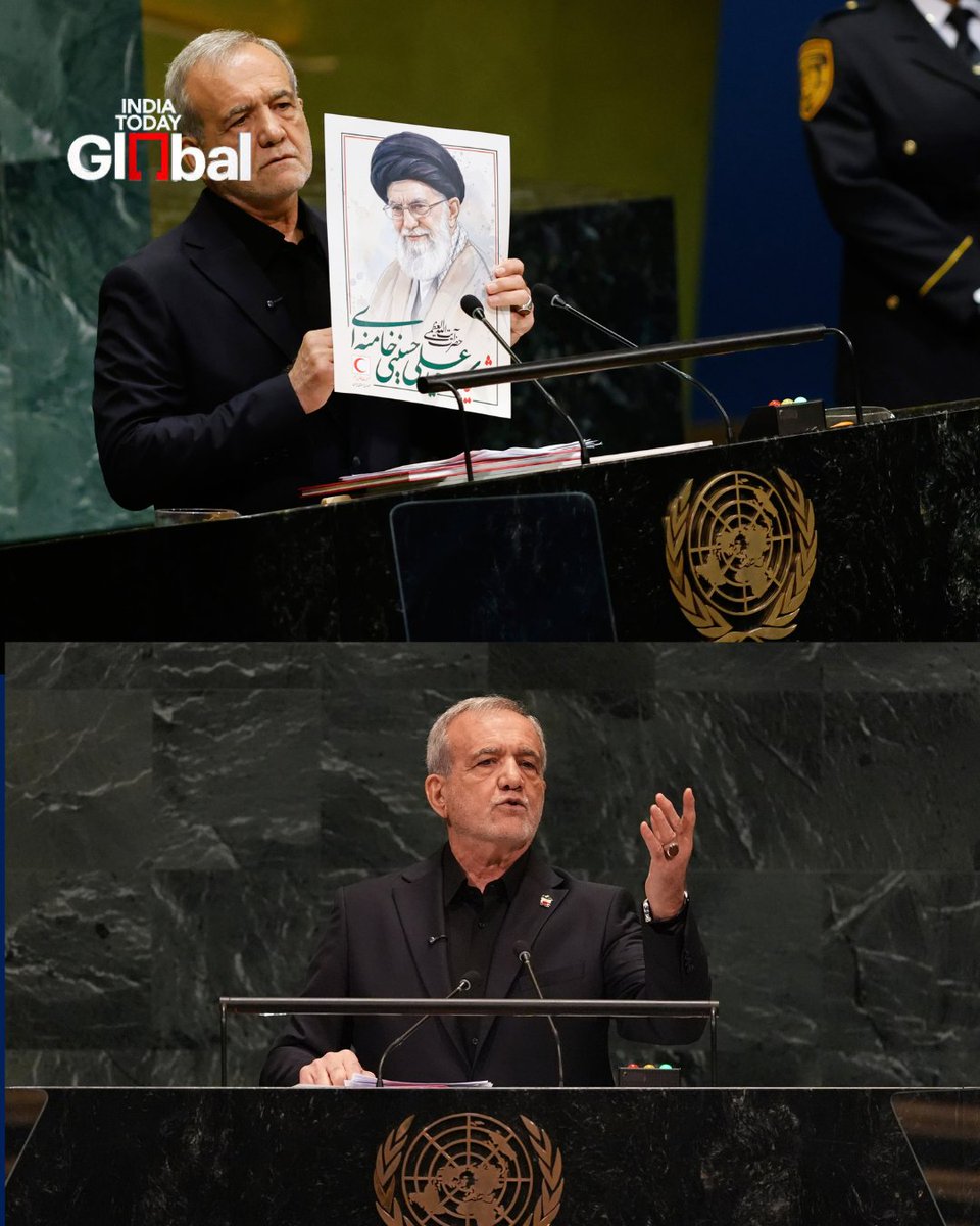ITGGlobal's tweet photo. #InPic: A powerful visual at UNGA.
Iranian President Masoud Pezeshkian held up a photograph of the late Supreme Leader Ayatollah Ali Khamenei as he accused the US and Israel of attacking Iran and insisted Tehran did not target civilians.
#Iran #Pezeshkian #UNGA #Khamenei #IndiaTodayGlobal