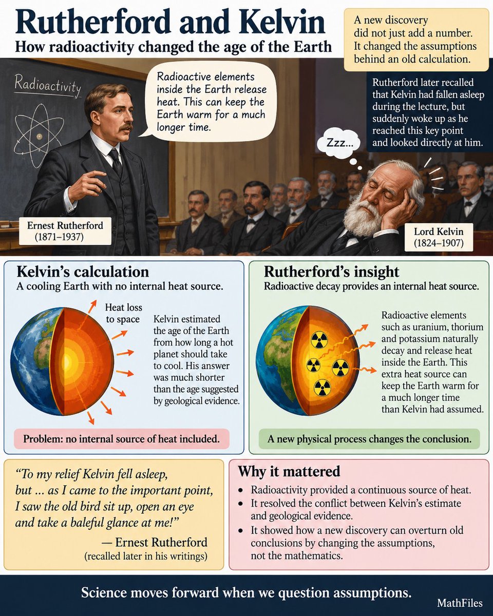 Math_files's tweet photo. In 1904, Ernest Rutherford gave a lecture about radioactivity, and Lord Kelvin was sitting in the audience. 

Kelvin had earlier tried to estimate Earth’s age by calculating how long a hot Earth would take to cool. The problem was that his calculation did not include any extra source of heat inside Earth. 

Rutherford explained that radioactive elements naturally release heat as they decay, so Earth could stay warm for much longer than Kelvin had assumed. 

Rutherford later joked that Kelvin had fallen asleep during the talk, but woke up just as he reached this important point. 

The story is a nice reminder that sometimes a calculation is correct, but its assumptions are incomplete.