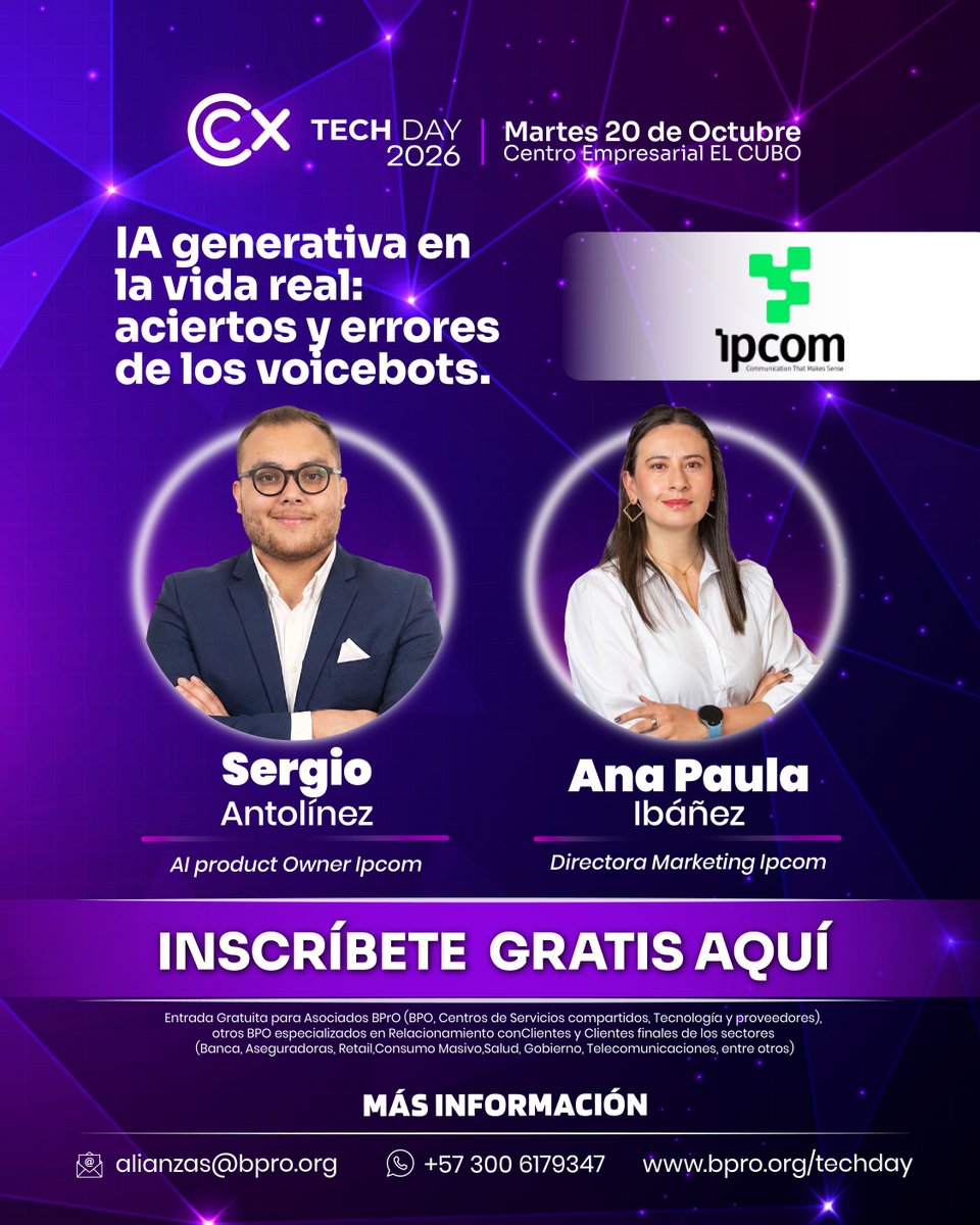BPrO_org's tweet photo. Lo que nadie te cuenta sobre implementar voicebots con IA generativa: aciertos y fracasos reales.

Sergio Antolínez y Ana Paula Ibáñez, de Ipcom, comparten la experiencia directa en campo para que evites errores costosos y apliques IA generativa con criterio en tu negocio.

Entrada 100% gratuita para el CX Tech Day 2026. Inscríbete aquí: https://t.co/ZhMlL6lTCn

@anakarinaqa