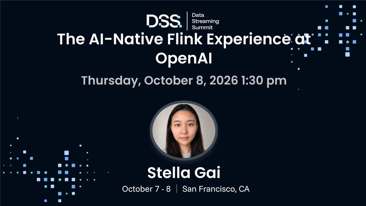 apache_pulsar's tweet photo. 🚀 What if operating Flink started with a conversation?
At OpenAI, #Codex is now the default interface engineers use to understand, debug, and operate Flink pipelines.

At #DSS2026, Stella Gai will share how Codex-native tooling is making stateful stream processing easier to understand, faster to debug, and safer to operate at scale.

 🔗  Explore the agenda https://t.co/fSTa7M7cyJ

#ApacheFlink #OpenAI #Codex