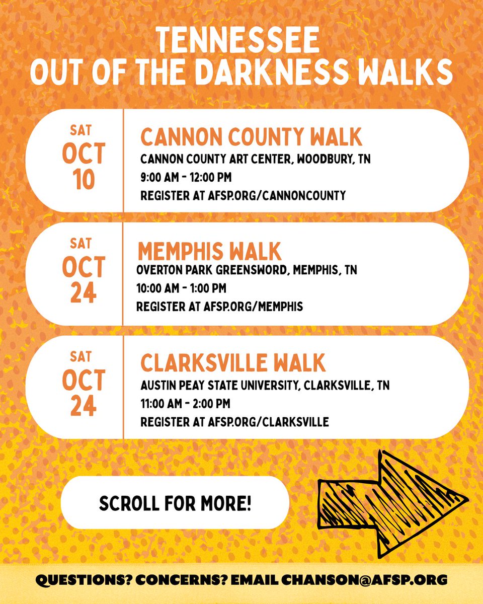 AFSPTN's tweet photo. Did you know AFSP Tennessee has 5 walks coming up in October and November? Scroll through to find the walk closest to you and register to walk with us today! https://t.co/F7UyMMF2xM