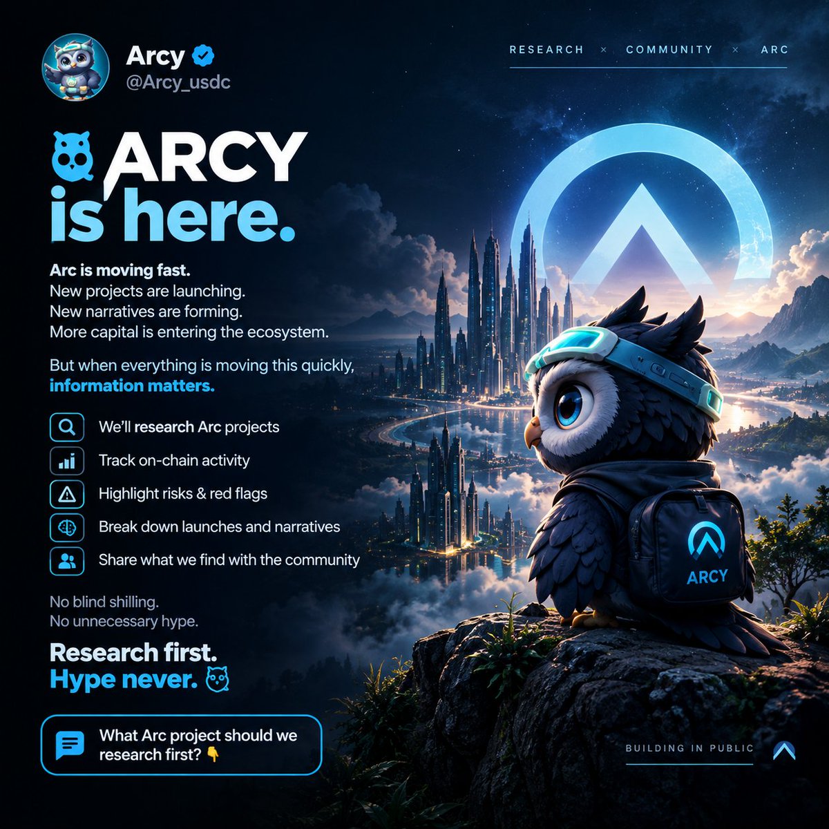 Arcy_usdc's tweet photo. 🦉 ARCY is here.

Arc is moving fast.
New projects are launching. New narratives are forming. More capital is entering the ecosystem.

But when everything is moving this quickly, information matters.

🔎 We’ll research Arc projects
📊 Track on-chain activity
⚠️ Highlight risks & red flags
🧠 Break down launches and narratives
🗣️ Share what we find with the community

No blind shilling.
No unnecessary hype.

Research first. Hype never.

What Arc project should we research first? 👇