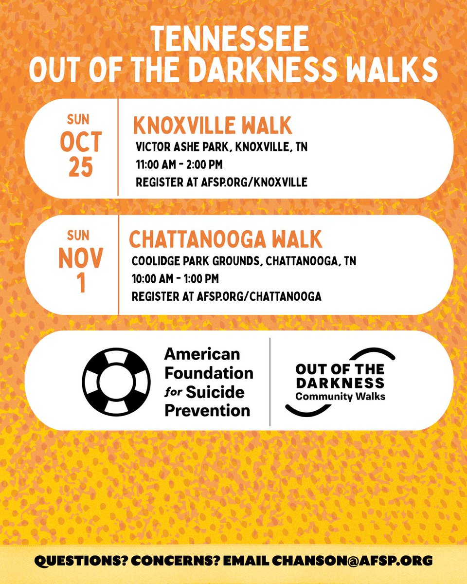 AFSPTN's tweet photo. Did you know AFSP Tennessee has 5 walks coming up in October and November? Scroll through to find the walk closest to you and register to walk with us today! https://t.co/F7UyMMF2xM
