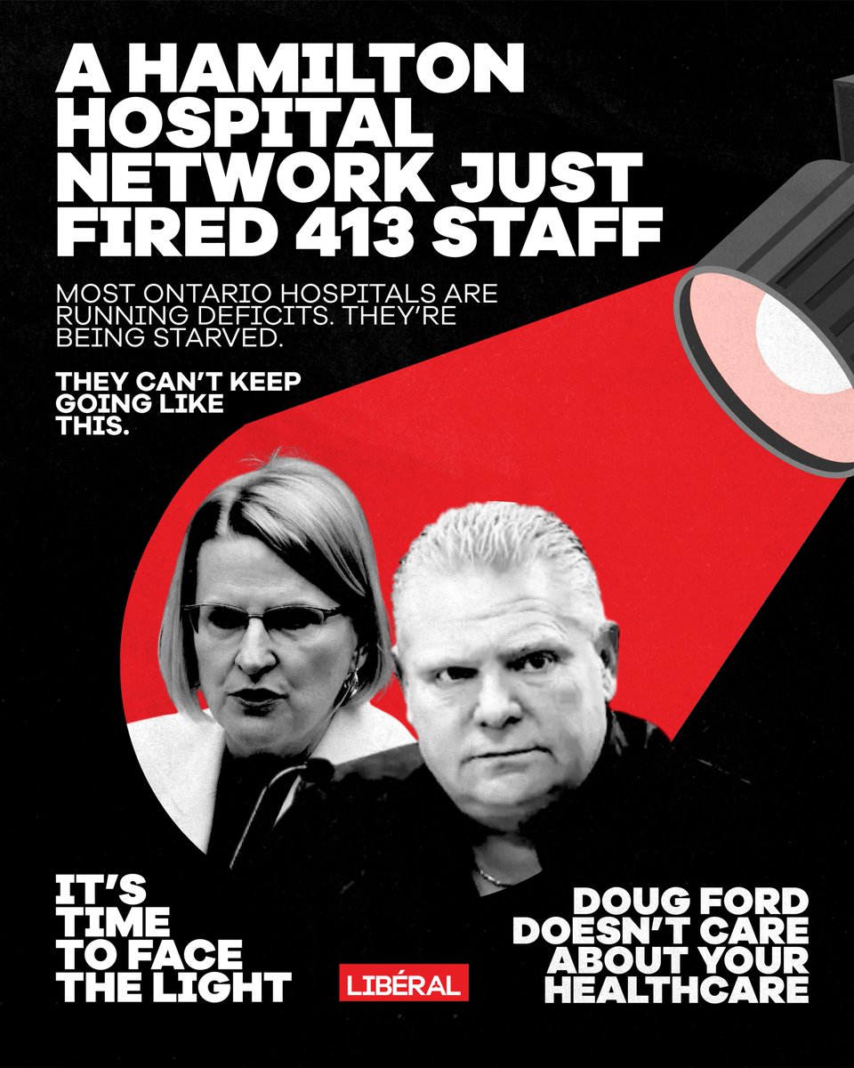 OntLiberal's tweet photo. Hospitals are falling deeper and deeper into deficits as hallway healthcare grows.
Hamilton Health Sciences is cutting 413 more jobs, including 143 nurses — putting both good healthcare jobs and patient care at risk.
It is up to Doug Ford and Sylvia Jones to properly fund our healthcare system and protect healthcare jobs before this gets any worse.
#onpoli
