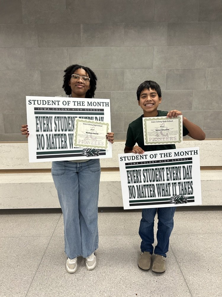 IowaColonyHS's tweet photo. Congratulations to our August Sophomore Students of the Month! We’re proud to recognize an outstanding young woman and young man who exemplify character, leadership, and Pioneer Pride! Keep Trailblazing! ICHS #Trailblazed #PioneerPride https://t.co/epz3C7PSfh