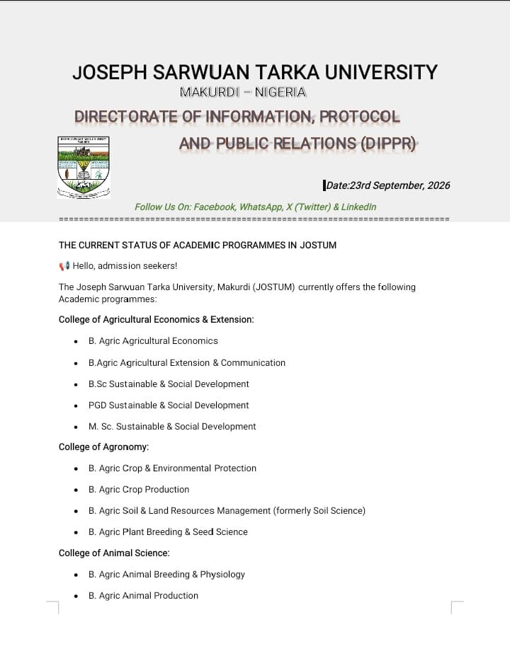 infoJoSTUM's tweet photo. THE CURRENT STATE OF JOSTUM ACADEMIC PROGRAMMES......... https://t.co/i2l4hmuDJ4