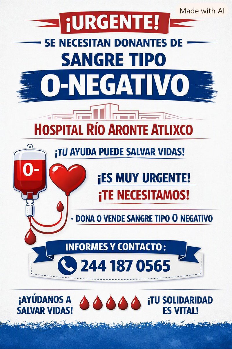 Canal13Puebla's tweet photo. #ATuServicio 🩸 Se solicita donadores de sangre tipo O Negativo, para Rosalba Meza Ponce, en el Hospital Río Aronte Atlixco. Para mayor información al número 2441870565. https://t.co/Bn4frxAAQR
