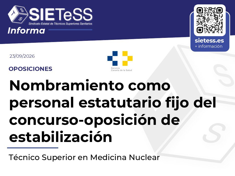 SietessTecnicos's tweet photo. Nombramiento como personal estatutario fijo de Técnico Superior en Medicina Nuclear del Servicio Canario de la Salud.
👉https://t.co/xsjbUmc6MR
#JuntosSomosMás #TSS #SCS #JuntosTSS https://t.co/4XxuAPkV6c
