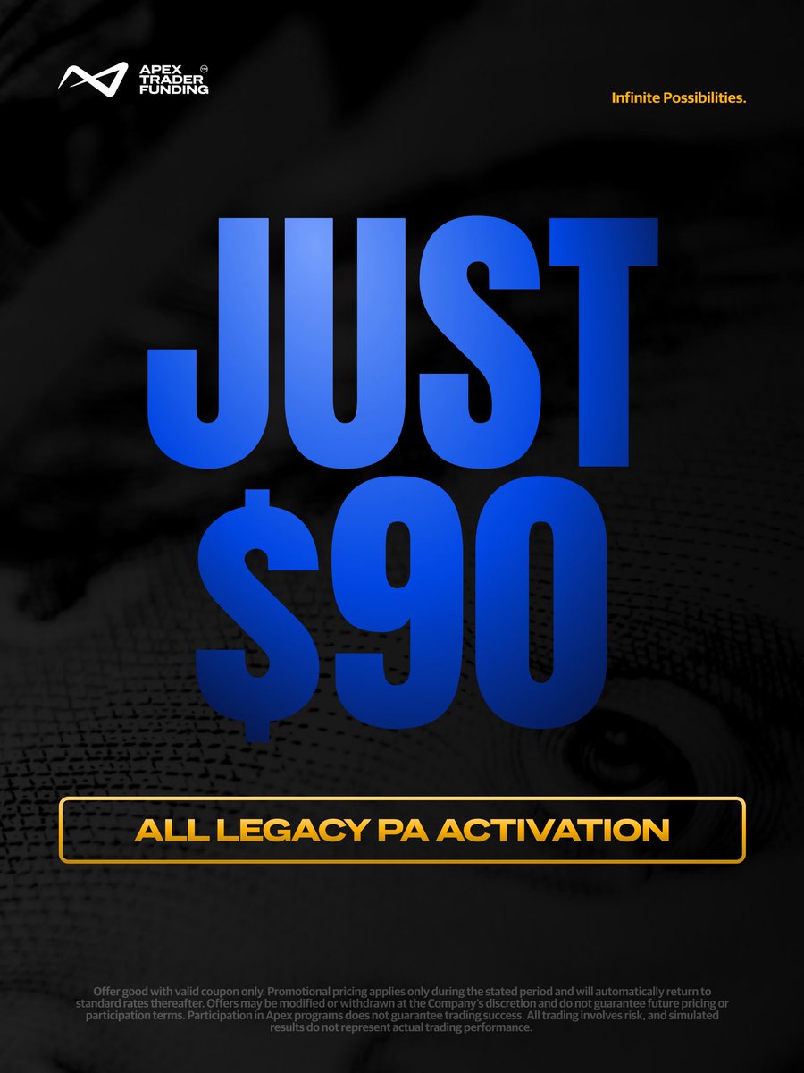 ApexTradeFund's tweet photo. Apex is going 90 / 90 / 90.
 
90% OFF all Accounts!
$90 Legacy PA Activation — All Sizes!
$90 EOD PA Activation — All Sizes!
BONUS: $59 Intraday PA Activation — All Sizes! https://t.co/gDzKCG1CdY