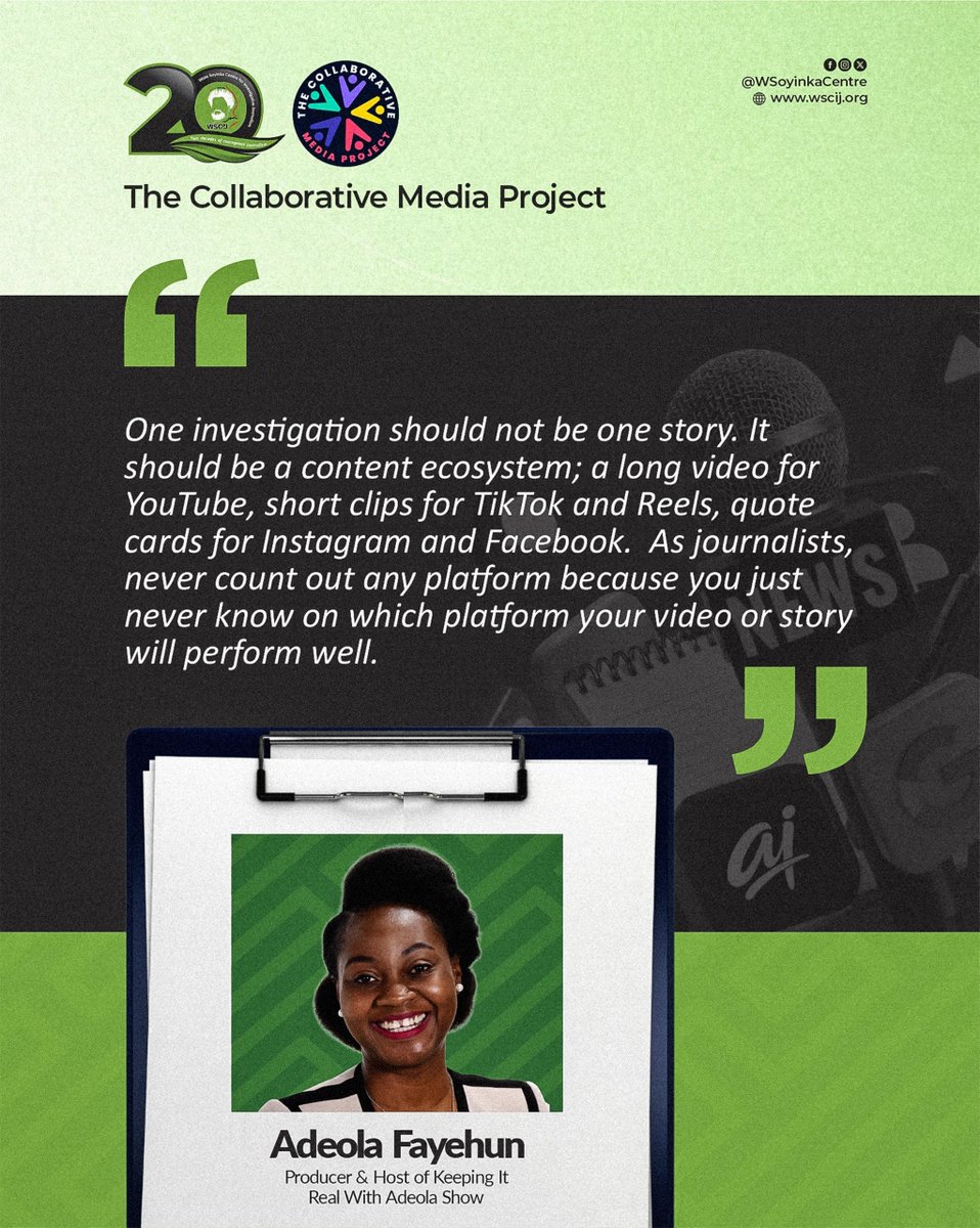 WSoyinkaCentre's tweet photo. At the just-concluded CMEDIA project training, @AdeolaFayehun, Producer & Host of Keeping It Really With Adeola Show, also shared practical strategies on "Beyond Publishing: Creator-Led Journalism and the Art of Engaging Audiences with Investigative Stories."

#WSCIJ #CMEDIA #UnlockingOpportunities #MaximisingDigitalPlatforms #InvestigativeJournalism #AmplifyingInvestigation