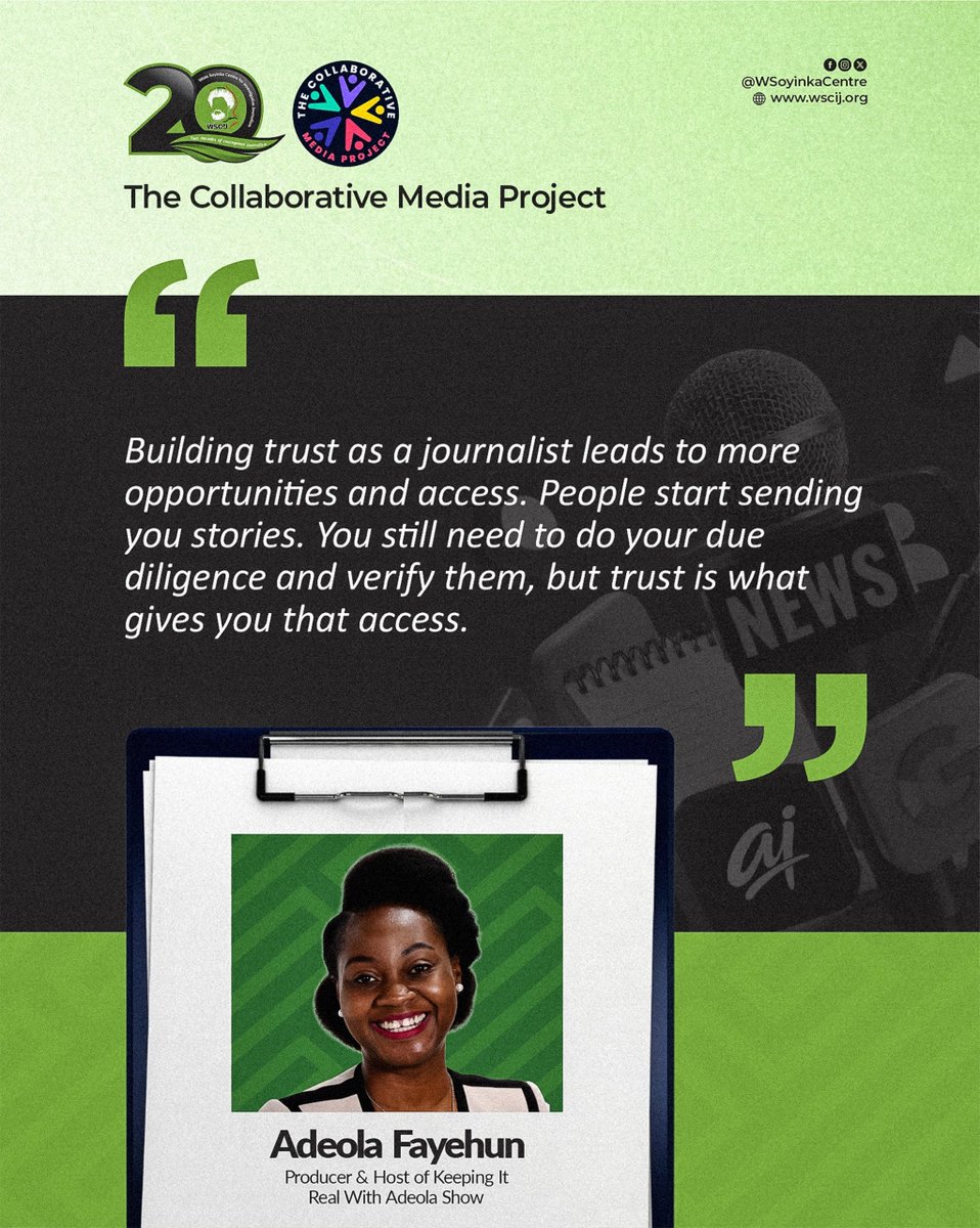 WSoyinkaCentre's tweet photo. At the just-concluded CMEDIA project training, @AdeolaFayehun, Producer & Host of Keeping It Really With Adeola Show, also shared practical strategies on "Beyond Publishing: Creator-Led Journalism and the Art of Engaging Audiences with Investigative Stories."

#WSCIJ #CMEDIA #UnlockingOpportunities #MaximisingDigitalPlatforms #InvestigativeJournalism #AmplifyingInvestigation