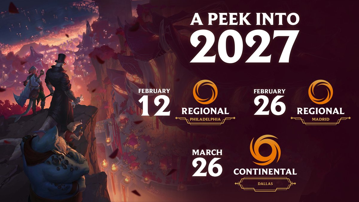 playriftbound's tweet photo. We’re excited to announce the locations and schedules for some of the 2027 @riftboundop Regionals and Continental!

Read more: https://t.co/CIaI96dO4T https://t.co/ZiNq5cXpSf