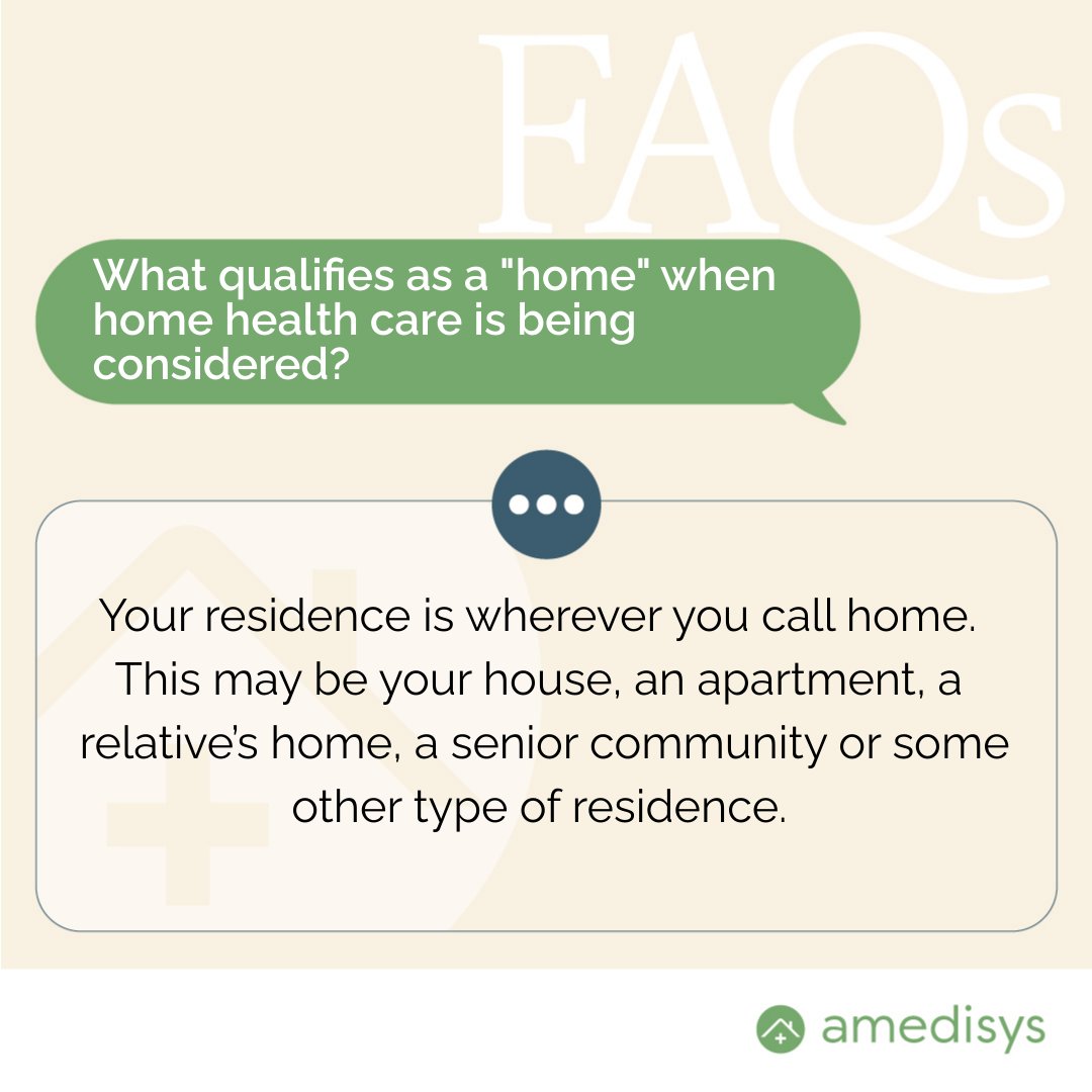 AmedisysInc's tweet photo. What counts as a “home” for home health care? The place you call home can be a house, an apartment, a relative’s residence or even a senior living community. But there are some exceptions. Learn more in our Home Health FAQs: https://t.co/QJSeRqdhKQ https://t.co/RYpiJkTw8N