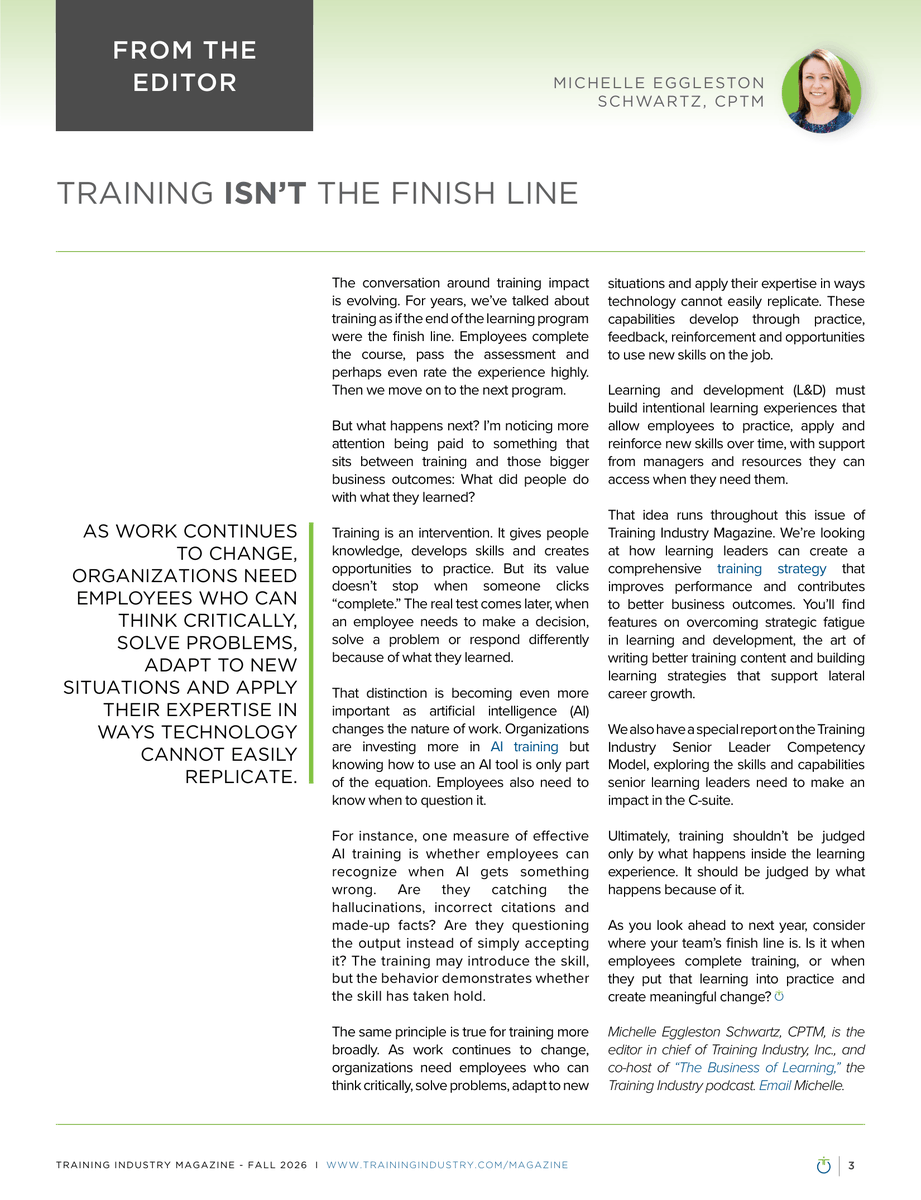 TrainingIndustr's tweet photo. The Fall 2026 issue of Training Industry Magazine is live!

This issue, we take a closer look at how L&amp;D can build training strategies that carry learning into the work itself.

Swipe for a preview of the issue, then head to the site to read more: https://t.co/6fbqmmXSuJ https://t.co/N21FlGLyul