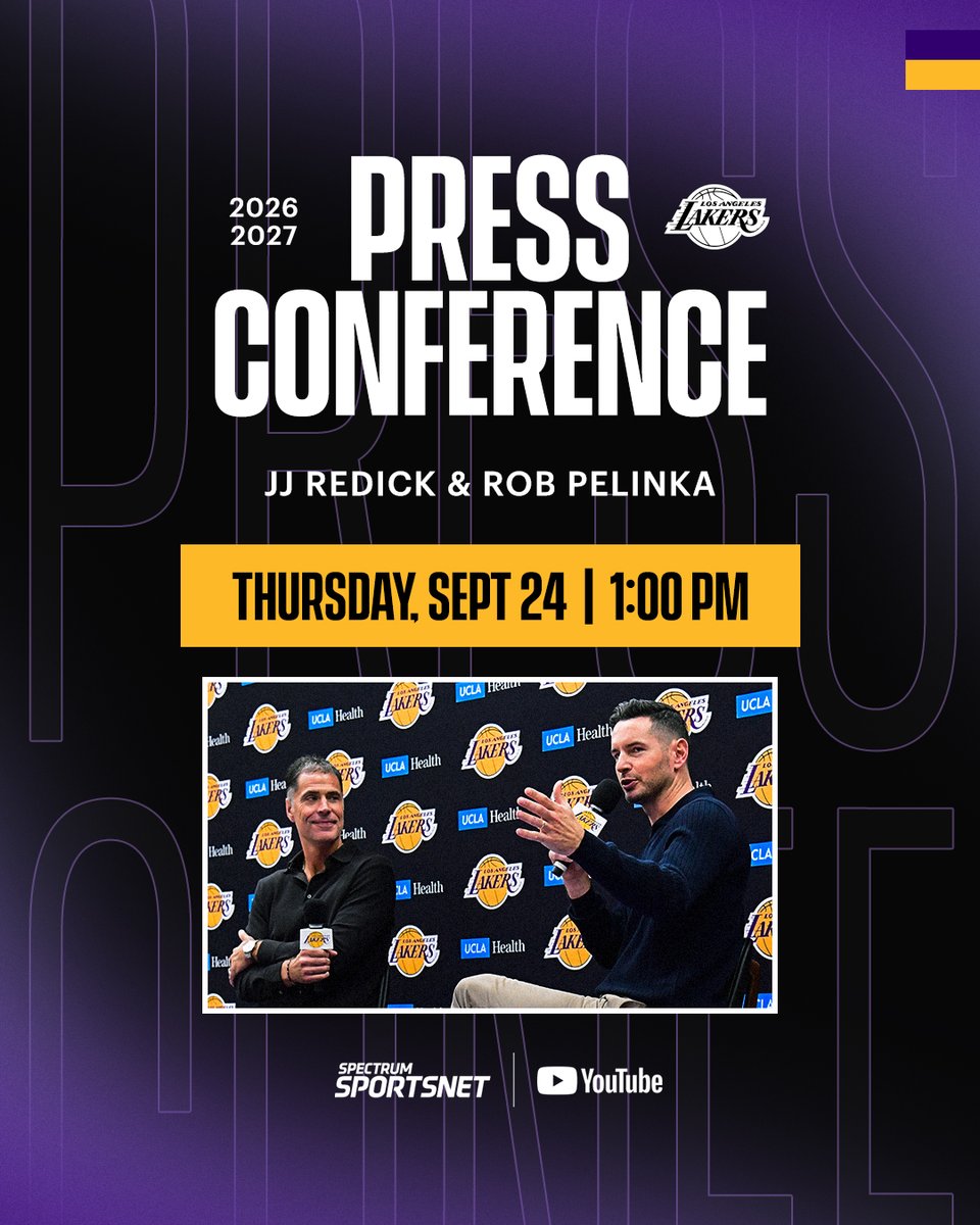 Lakers's tweet photo. Tune in for the start of season press conference with JJ Redick &amp; Rob Pelinka.

💻: Lakers YouTube
🕰️: Tomorrow, 1:00PM PT https://t.co/5QEwyXEjNT