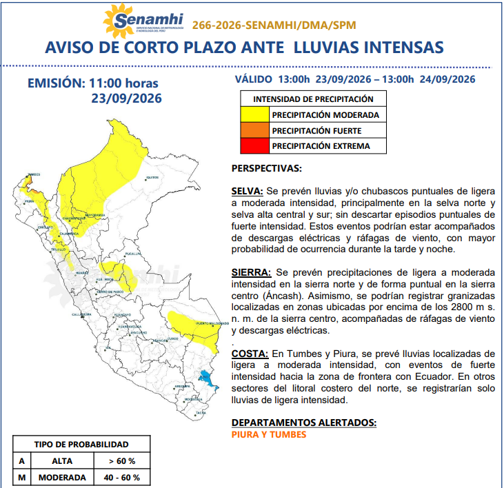 COENPeru's tweet photo. Hasta el 24/9 se presentarían #LluviasIntensas (nivel naranja) en diversas provincias de los departamentos de Piura y Tumbes. | @Senamhiperu https://t.co/r2W2VDFZt3