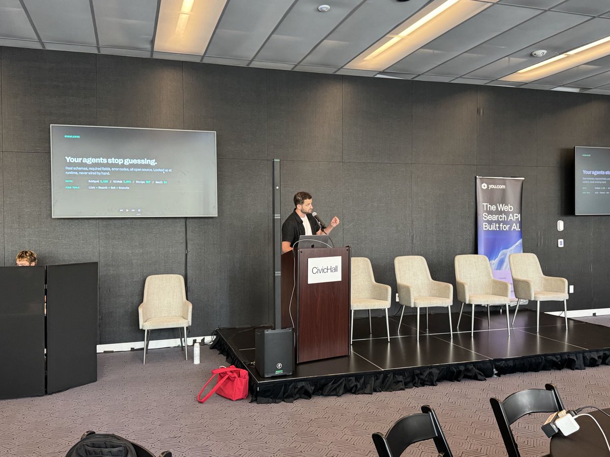 onedotnew's tweet photo. Jacob Rissman, our Head of GTM, spent September 11th at Build with YOU, @youdotcom Live Web Agent Hackathon in New York, representing @onedotnew.

The theme: self-repairing and learning agents. A room full of AI engineers had one day to build, break, and fix live. One provided the managed auth behind the day, connecting builders to 850+ apps through four tools: list, search, knowledge, execute.

Jacob took the stage to talk about why agents fail: not because the model is weak, but because it's wired to guess instead of looking things up. Real schemas, required fields, and error codes, resolved live at runtime instead of hardcoded by hand ahead of time.

That idea showed up in what got built. Every team that submitted a project used @onedotnew.

One standout was LaunchGuard, a launch-readiness system for founders that turns a release candidate into one clear call: ship, hold, or revise. It runs live market and competitive research, then opens the actual follow-up work itself: remediation tickets in Linear, PRs in GitHub, and a logged decision in Notion.

One handled the auth and execution across all three, so the agent's decision became real, tracked work instead of just a recommendation on a screen.

Good to spend a day like that alongside @youdotcom, Daytona, and @crewAIInc, watching people ship working agents instead of just talking about them.