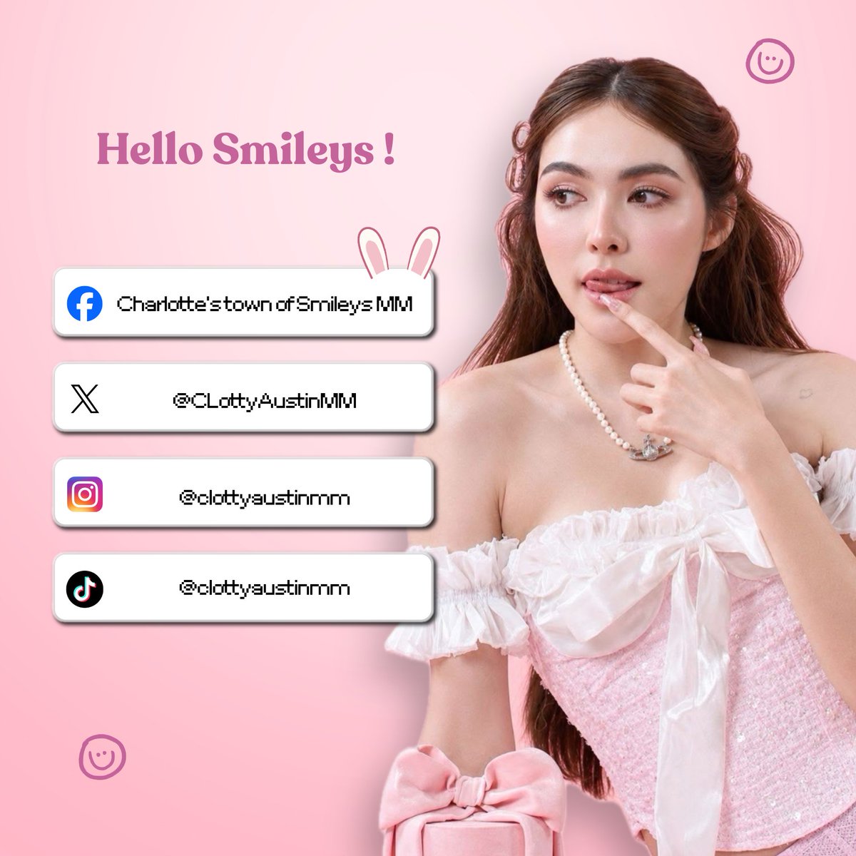 CLottyAustinMM's tweet photo. Hello, Smileys! 🐰💗

Our official social media accounts are now here! ✨ Follow us and stay connected for all the latest updates, activities, and moments with Charlotte. 🫶🏻🌷

Let’s keep smiling together! ♡

#ชาล็อตออสติน #CharlotteAustin 
@itscharlotty https://t.co/FN14HBe5LU