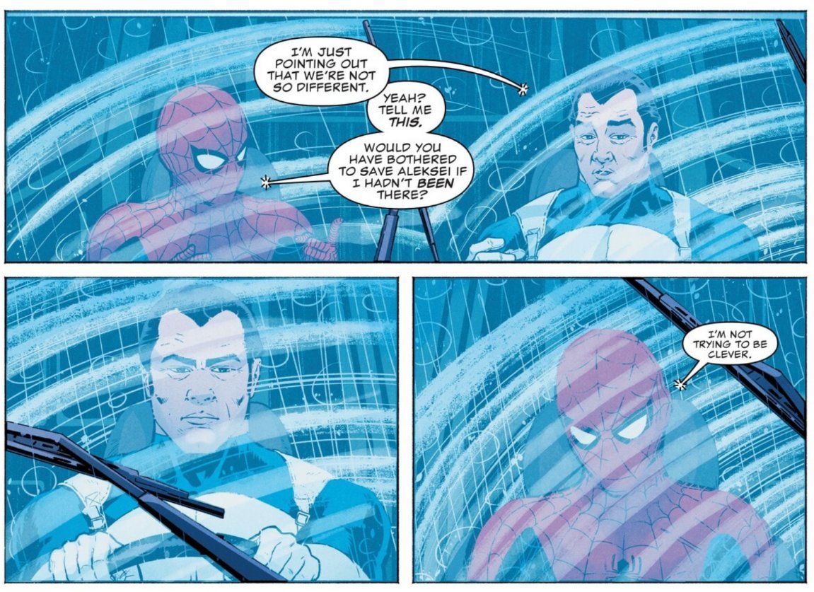 nameless_gul's tweet photo. 퍼니셔 vs TASM #3 
●●●●○

요즘은 정말 이거 보는 맛에 산다니까. 거지 같은 대형 이벤트들만 보다가 이렇게 포커스가 딱 맞는 스토리와 내공 있는 아트를 마주치면 정말이지 힐링이 돼. 특히 펜슬러인 알바로 로페즈의 그림은 정말 환상적이다. 고전적이면서도 동시에 씹어먹고 싶을 만큼 귀엽달까. 스파이더맨에 대한 애정이 느껴진다. 

스토리는 왜 이 타이틀이 슬래시(/)가 아니라 버서스(VS)인지 계속해서 보여주고 있다. 특히 비살상 무기의 대표격인 웹슈터가 퍼니셔의 손에선 치명적인 무기로 변하는 연출이 아주 좋았다. 지금이야 피터에겐 프랭크에 대한 호기심과 연민으로, 프랭크에겐 피터의 유용함으로 유지되는 팀업이지만, 결국 둘의 파국은 예견되어 있다는 걸 은연중에 알려준다. 

퍼니셔가 지금은 순순히 스파이더맨의 의견을 따라주고 있어도 결코 교화되거나 달라질 인물이 아니니까. 스파이더맨의 기본 전제는 사람의 선함을 믿는 것이고 그 믿음이 구원한 사람들도 분명 있지만, 퍼니셔는 아니야. 그 사람은 안 될 거야.

피터가 퍼니셔가 겪은 비극에 연민을 느끼고 그의 행동을 용납하진 못할지언정 이해는 하기에 자꾸 "내가 나이브하다고 생각해요?" 하며 스스로 위축되는데, 아니야! 너 같은 사람이 세상에 어디 있어! 넌 순진한 게 아니라 이상적인 거야! 앱솔루트한 거야! 라고 화면 너머에서 외치고 있다🥲 물론 가끔 그 마음에 눈이 가리기도 하지만 그게 스파이더맨인걸.

전체적으로 캐릭터 묘사가 훌륭하다. 말장난이나 개그 패널도 산만하게 흩뿌리는 게 아니라 적재적소에 센스 있게 배치되니까 오랜만에 코믹스를 읽으며 웃는 것 같다. 팀업이 끝난 후 퍼니셔가 스파이더맨을 차로 데려다주고, 항상 그 차 안에서 둘의 말싸움이 벌어지는 구조도 연출이나 재미 면에서 늘 기다려지는 대목이다. 로페즈의 놀라울 만큼 생동감 있는 일상 제스처 묘사는 캐릭터를 정말 살아 숨 쉬는 것처럼 보이게 만든다. 최근 진행 중인 스파이더맨 온고잉 중에선 단연 최고다👍