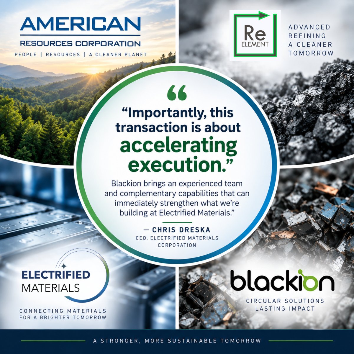 Amerresources's tweet photo. The refining opportunity starts upstream.

American Resources’ EMCO (@electrifiedmat) has signed a binding LOI to acquire Blackion, strengthening the pathway from battery recycling and feedstock sourcing to advanced critical mineral refining.

Together, Blackion + EMCO + ReElement (@ReElementTech)  can help move battery-derived materials—including LFP—through processing, separation and purification and back into domestic and allied supply chains.

The goal: recover more lithium and other critical minerals at high purity while building a stronger, more integrated U.S. supply chain.

#ReElement #CriticalMinerals #Lithium #BatteryRecycling #LFP #AREC