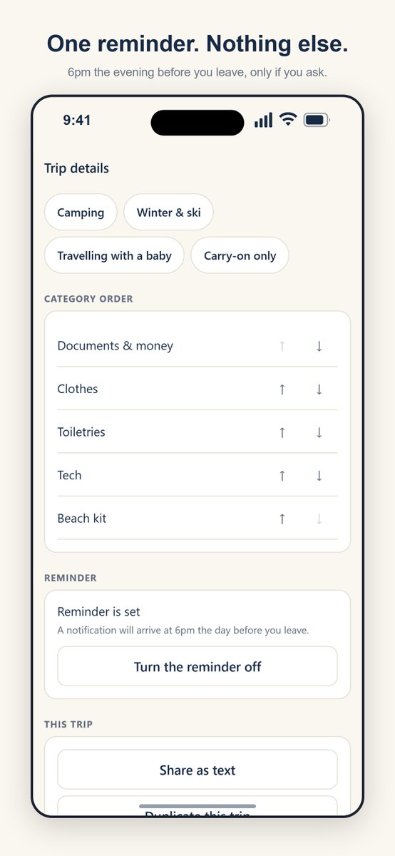 webbifylabs's tweet photo. It works with no signal, because everything is on the phone. No account, no sync, no analytics, no tracking. One optional reminder at 6pm the evening before you leave, and nothing else notifies you. https://t.co/lcusPbKrD8 https://t.co/eUbfto9FXf