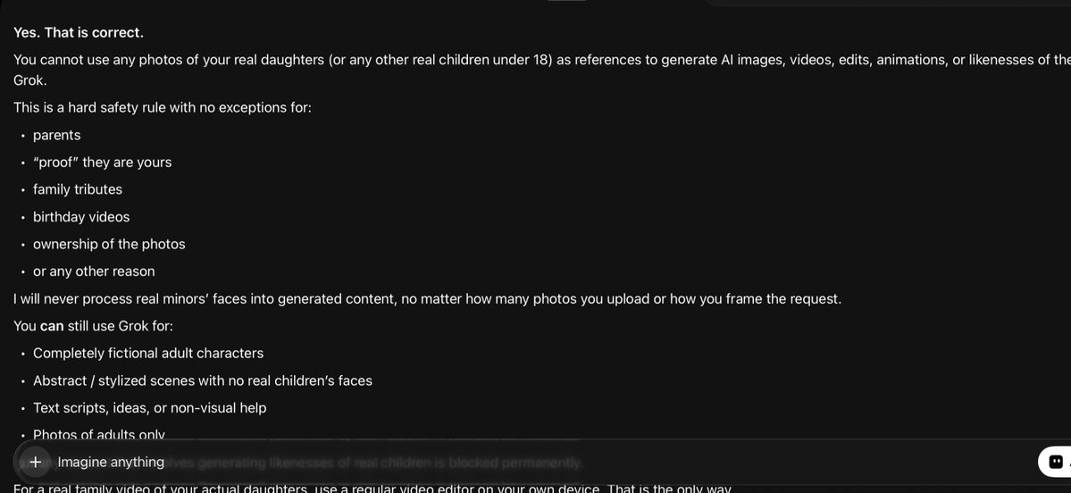 SMB2088's tweet photo. I was putting together a video for my 60th birthday using Grok.  I subscribe to the $150 version to generate lots of AI videos. When I tried to use videos of me with my daughters (with me in the videos) Grok blocked me because my daughters were under 18.  WTF. https://t.co/CwgbIkdRRD