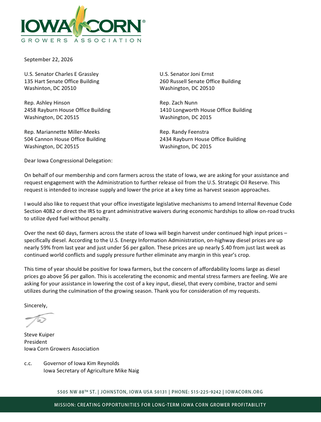 iowa_corn's tweet photo. Yesterday, ICGA sent a letter to members of the Iowa Congressional Delegation requesting immediate legislative and administrative intervention to help reduce diesel fuel prices as Iowa farmers begin harvest. Read more ⤵️

https://t.co/wS6mAdqn71 https://t.co/dsK8pEWDEq