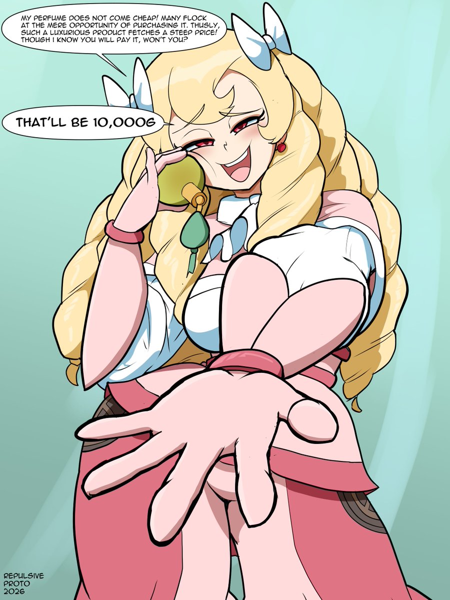 ProtoRepulsive's tweet photo. An anonymous commission of Maribelle farting into a perfume bottle and trying to sell her scent for a reasonable price https://t.co/kppX2QmiJA