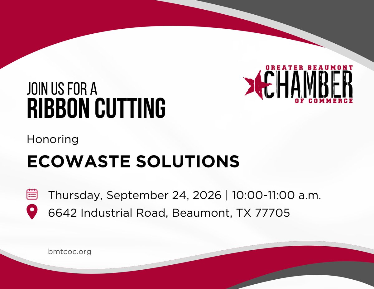 BMTChamber's tweet photo. Join us as wel welcome Ecowaste Solutions to the Greater Beaumont Chamber of Commerce with a ribbon cutting! They offer residential, commercial and industrial waste disposal services.
#GBCOC #BeaumontTx #ChamberMember #RibbonCutting https://t.co/R1phOvjpj3