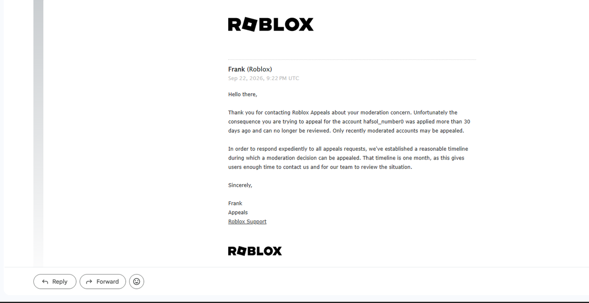 ZHafsol's tweet photo. Currently still falsely banned. I also filed a MIDR complaint 70 days ago and never got a response. I tried asking for a follow-up through a ticket, just to get hit with my 30-day timeline, which is long gone. We need to spread this around so Roblox can acknowledge this issue. https://t.co/4uPO7QDluR