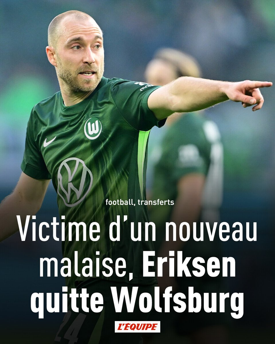 lequipe's tweet photo. Christian Eriksen quitte le VFL Wolfsburg ➡️ https://t.co/tcIBn5TFHo https://t.co/aRHG6fNiY1