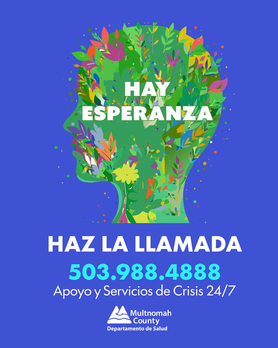 MultCoHealth's tweet photo. 💝Mes Nacional de Concientización sobre la Prevención del Suicidio

🥰 Cuidado de Salud Personal

✅ El cuidado de tu propia salud mental es una parte muy importante del cuidado de salud personal. Estamos aquí para escuchar si necesitas hablar con un profesional.

🧠 Llama al Centro de Salud Conductual, 503-988-4888, para recibir ayuda confidencial y gratuita, disponible 24 horas al día, los 7 días de la semana.

📞Cuidate y toma un descanso si lo necesitas. El cuidado de tu salud mental es una parte importante del cuidado de salud personal. Estamos aquí para escucharte. Llama al Centro de Salud Conductual 503-988-4888, y recibe ayuda confidencial y gratuita, 24 horas al día, 7 días de la semana.