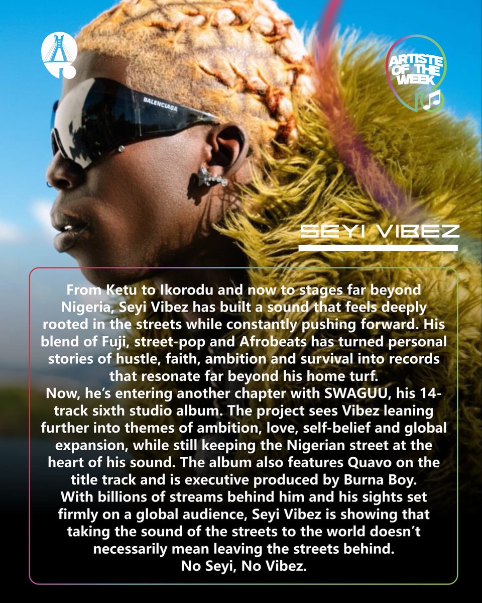 lasgidiroom's tweet photo. ARTIST OF THE WEEK: @seyi_vibez 

From street anthems to global stages,Seyi Vibez continues to turn his journey into sound with SWAGUN opening another chapter,the Lagos-bred hitmaker is once again showing why the streets keep tapping in.

#artistoftheweek #lasgidiroom https://t.co/8jIXOmJyHJ
