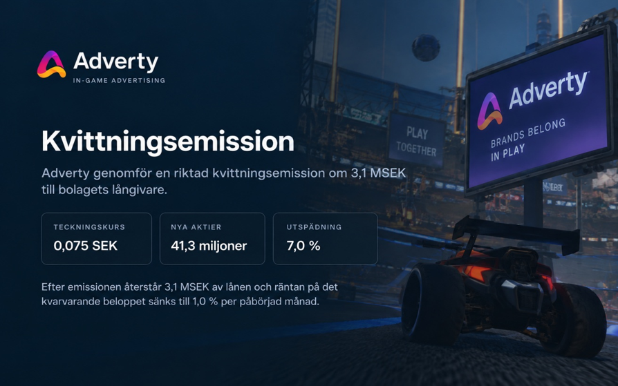 kalqyl's tweet photo. Adverty genomför en riktad kvittningsemission om cirka 3,1 MSEK till bolagets långivare. Totalt emitteras 41,3 miljoner nya aktier till en teckningskurs om 0,075 SEK per aktie, vilket medför en utspädning om cirka 7,0 %.

Länk till MFN: https://t.co/nzOtPIQoqz

$ADVT https://t.co/PXF8M7PNGE