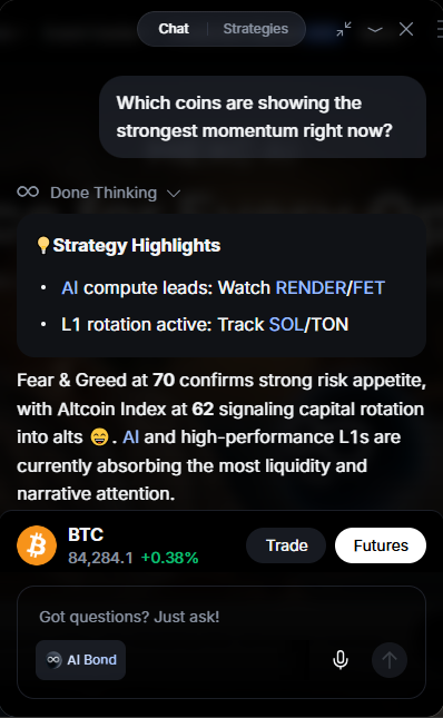 privateblankx's tweet photo. @MEXC I asked, “Which coins are showing the strongest momentum right now?” And here’s what MEXC AI came up with.  BTC, SOL, RENDER, FET, and PEPE are showing strong momentum. Worth keeping an eye on👀

MEXC 🆔 99433847
#TradingTakesTwo https://t.co/73TYHcv1SZ