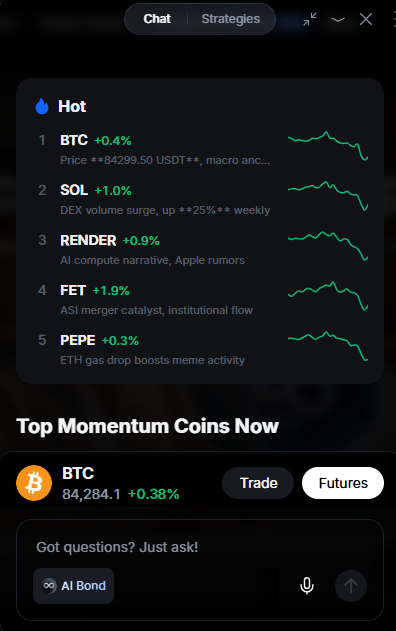 privateblankx's tweet photo. @MEXC I asked, “Which coins are showing the strongest momentum right now?” And here’s what MEXC AI came up with.  BTC, SOL, RENDER, FET, and PEPE are showing strong momentum. Worth keeping an eye on👀

MEXC 🆔 99433847
#TradingTakesTwo https://t.co/73TYHcv1SZ