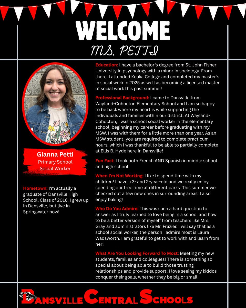 DansvilleCSD's tweet photo. WELCOME TO DANSVILLE… Ms. Gianna Petti!
A #Dansville alum, Petti rejoins our district as a social worker at Dansville Primary School! https://t.co/WiLL3SZlup