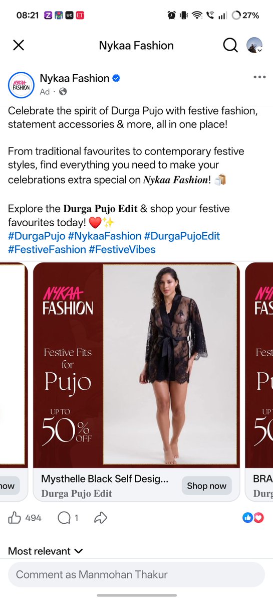 manmohanthakur1's tweet photo. What exactly is @NykaaFashion thinking? Labeling a revealing monokini as a "Festive Fit for Pujo" under your "Durga Pujo" is unacceptable. This insults the sentiments of millions celebrating the festival. @MyNykaa @ascionline#DurgaPuja2026 #NykaaFashion #ConsumerAwareness #ASCI https://t.co/uXMRyHYwJQ