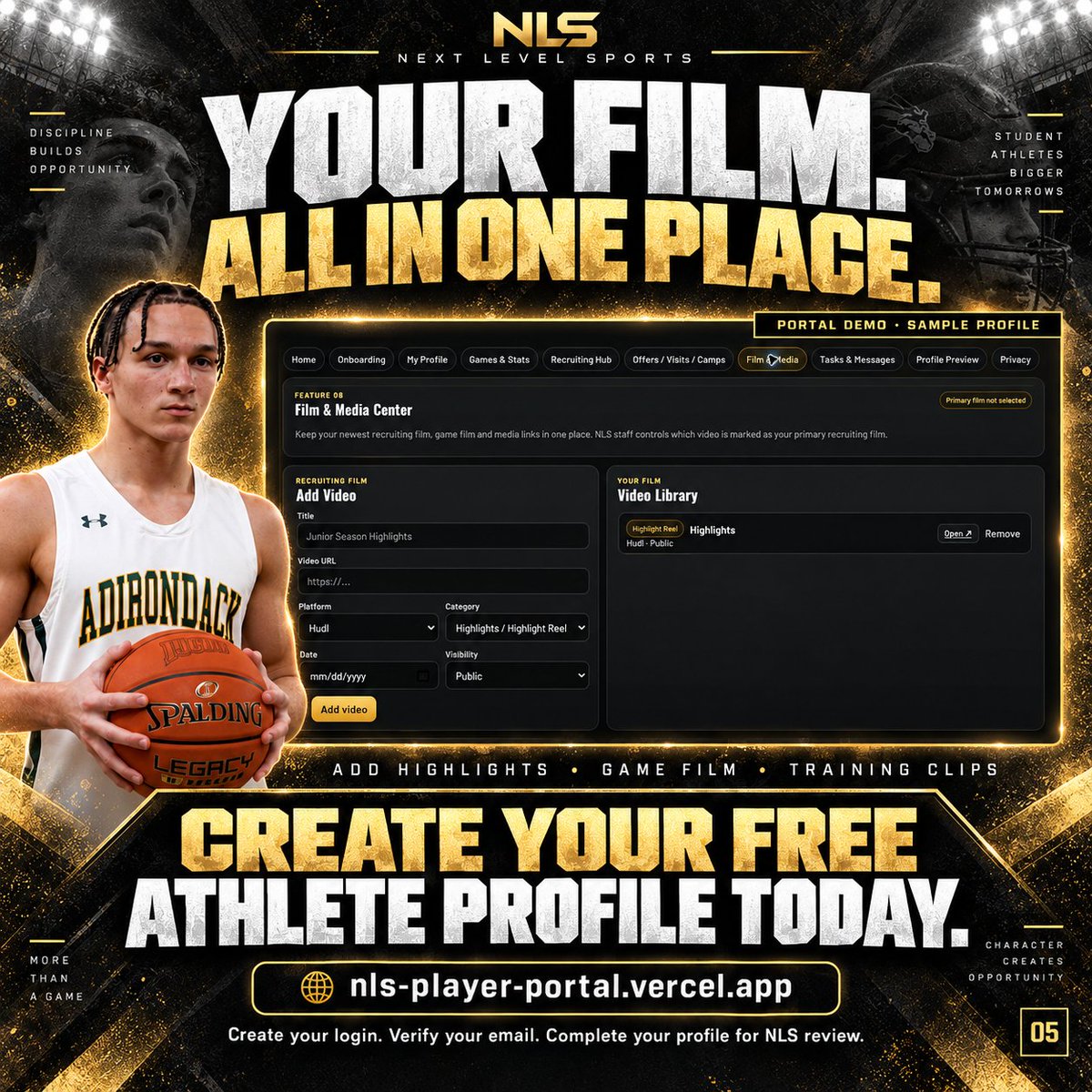 nlevelsports's tweet photo. Athletes: you put in the work. Now put it on your profile. 🏆

The NLS Player Portal is LIVE.

✅ FREE athlete profile creation
📊 Games &amp; stats
🎥 Film &amp; highlights
🎯 Recruiting tools

Build yours → https://t.co/wYpyhEFnKr

Your next level starts here. https://t.co/UaQWPYCuX6