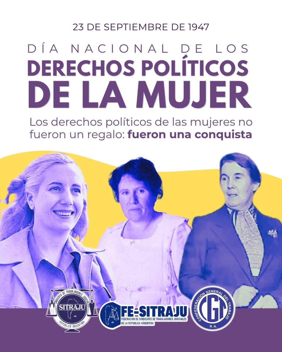 Sitraju_'s tweet photo. Día Nacional de los Derechos Políticos de la Mujer 💜

Ese día se promulgó la Ley 13.010, que reconoció a las mujeres argentinas los mismos derechos políticos que a los varones: votar y ser elegidas.
(sigue) https://t.co/jVyvx55uBc