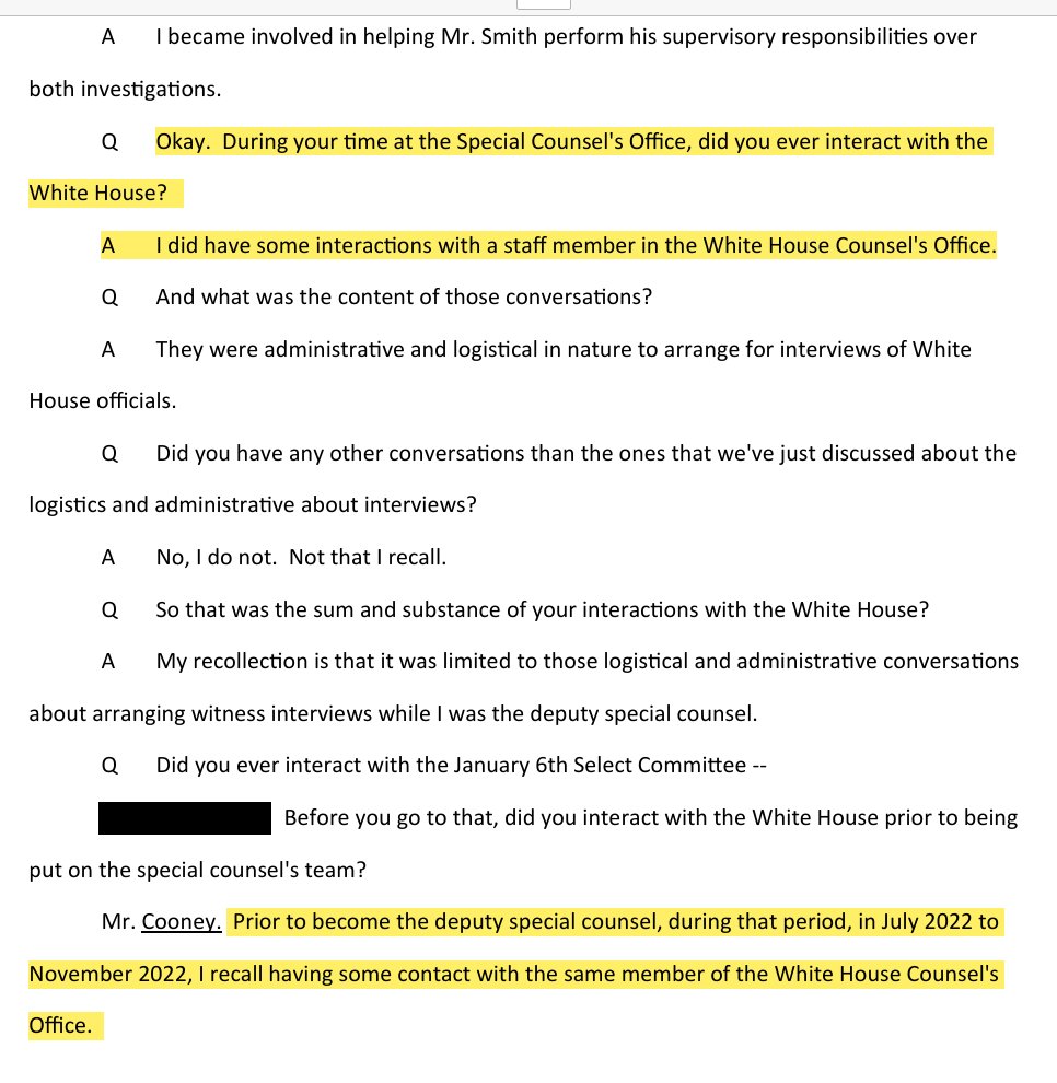 julie_kelly2's tweet photo. NEW: Transcripts released by @JudiciaryGOP once again confirm collaboration between Biden DOJ/Special Counsel Jack Smith and the Biden White House.

Here is JP Cooney--who pushed for investigations into Trump and his circle immediately after Jan 6 then detailed to Jack Smith's team after his appointment in Nov 2022--admitting he communicated with Biden's WH counsel.

This aligns with my reporting a few years ago disclosing how Biden DOJ interacted with Biden WH Counsel Jonathan Su in late 2021 and into 2022 before he stepped down in Oct. 2022.

More evidence debunking media claims that the Biden DOJ acted independently of the Biden White House--and that somehow President Trump's engagement in DOJ matter is "unprecedented."